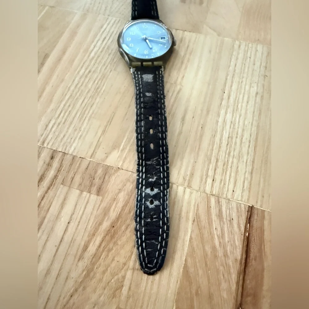 Swatch Blue dial brown strap, Blue Choco classic watch NEW BATTERY